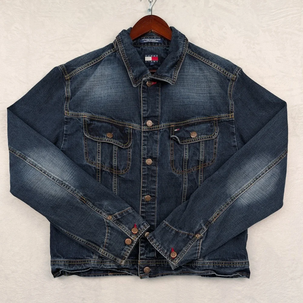 VTG Tommy Jeans Jacket Men's Large Blue Dark Wash Denim Trucker‎ Streetwear 90s